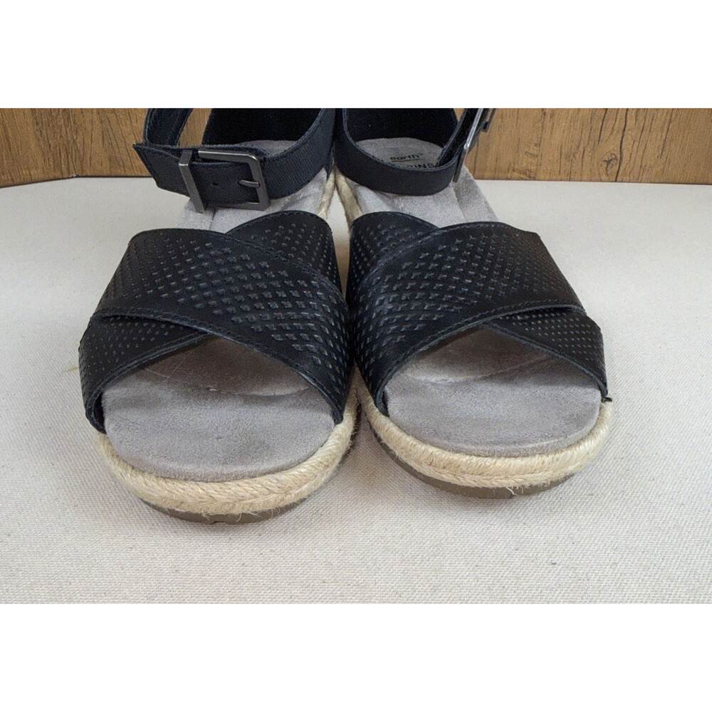 Earth Origins Naples Natasha Black Leather Ankle Strap Wedge Heel Sandals 8.5M - Picture 2 of 8